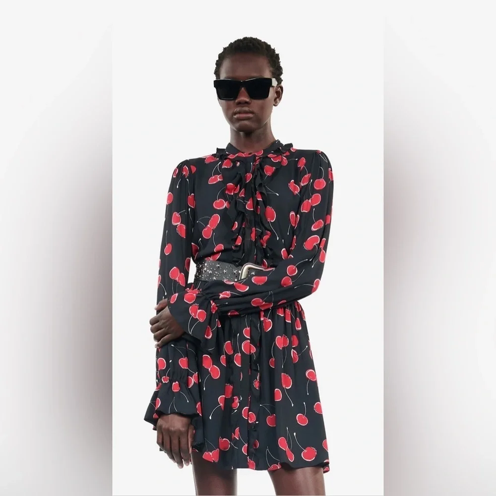 NWT The Kooples Short Cherry 🍒 Printed Black Dress Small - Picture 5 of 8